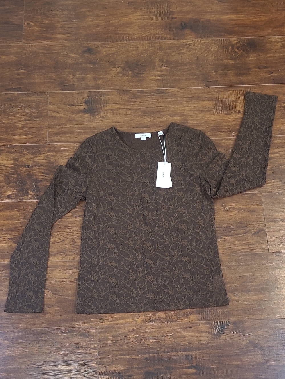 Vince Brown V-Neck Long Sleeve Knit Top Semi Sheer Size Med